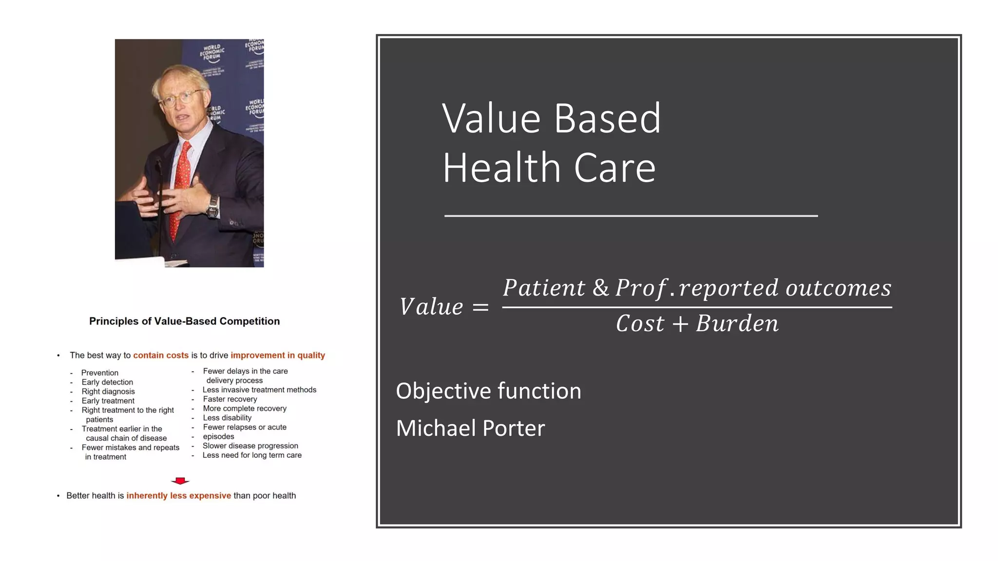 Value Based
Health Care
𝑉𝑎𝑙𝑢𝑒 =
𝑃𝑎𝑡𝑖𝑒𝑛𝑡 & 𝑃𝑟𝑜𝑓. 𝑟𝑒𝑝𝑜𝑟𝑡𝑒𝑑 𝑜𝑢𝑡𝑐𝑜𝑚𝑒𝑠
𝐶𝑜𝑠𝑡 + 𝐵𝑢𝑟𝑑𝑒𝑛
Objective function
Michael Porter
 