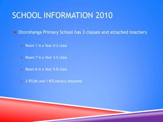 School Information 2010Otorohanga Primary School has 3 classes and attached teachersRoom 1 is a Year 0-2 class