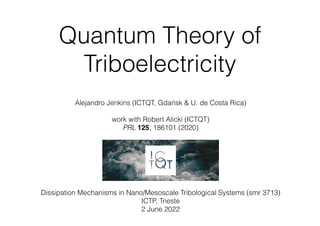 Quantum Theory of
Triboelectricity
Alejandro Jenkins (ICTQT, Gdańsk & U. de Costa Rica)


work with Robert Alicki (ICTQT)


PRL 125, 186101 (2020)




Dissipation Mechanisms in Nano/Mesoscale Tribological Systems (smr 3713)


ICTP, Trieste


2 June 2022
 