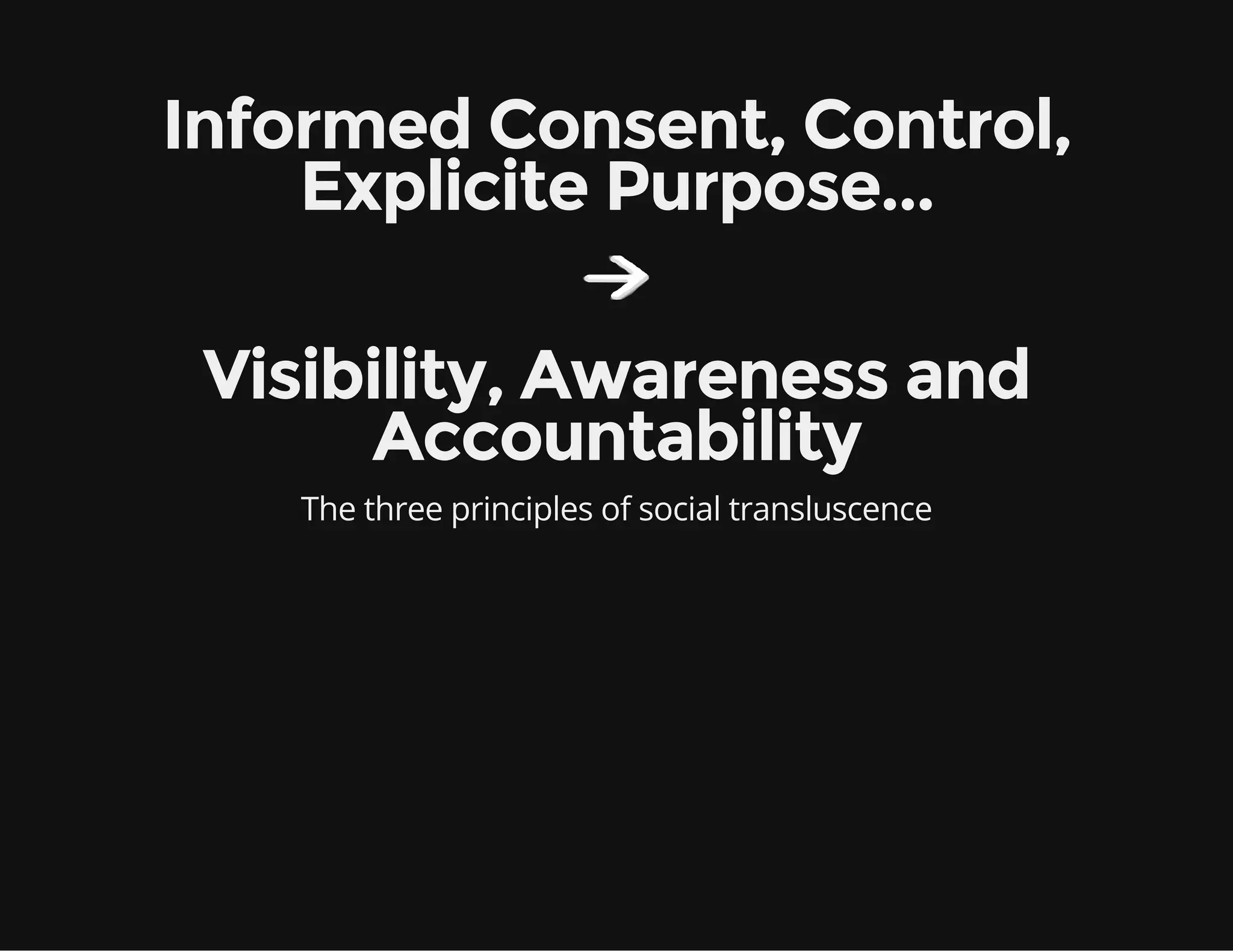 Informed Consent, Control,
Explicite Purpose...
Visibility, Awareness and
Accountability
The three principles of social transluscence
 