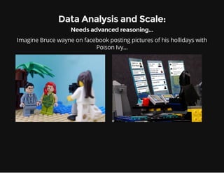 Imagine Bruce wayne on facebook posting pictures of his hollidays with
Poison Ivy...
Data Analysis and Scale:
Needs advanced reasoning...
 