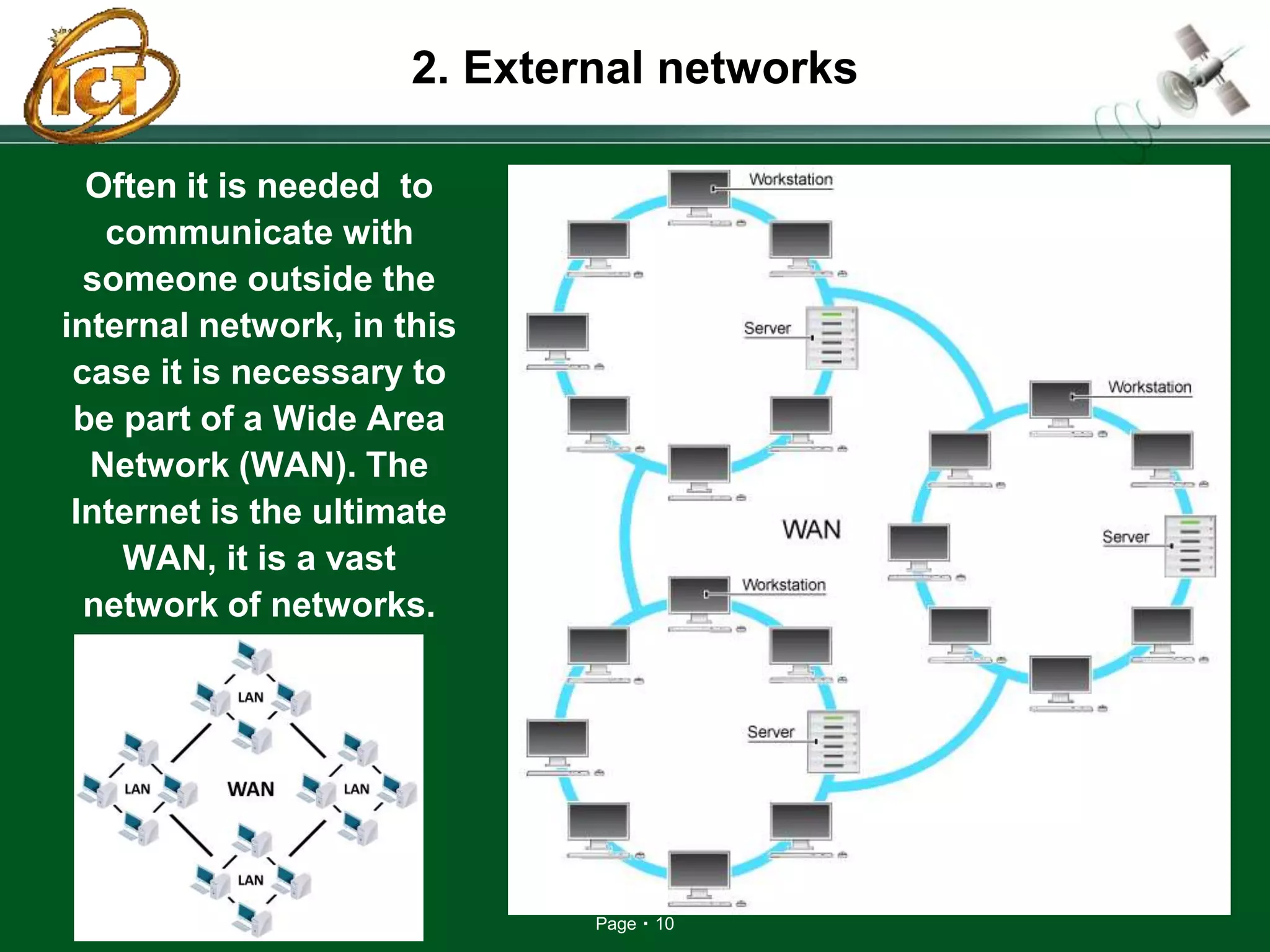 Page 10
2. External networks
Often it is needed to
communicate with
someone outside the
internal network, in this
case it is necessary to
be part of a Wide Area
Network (WAN). The
Internet is the ultimate
WAN, it is a vast
network of networks.
 