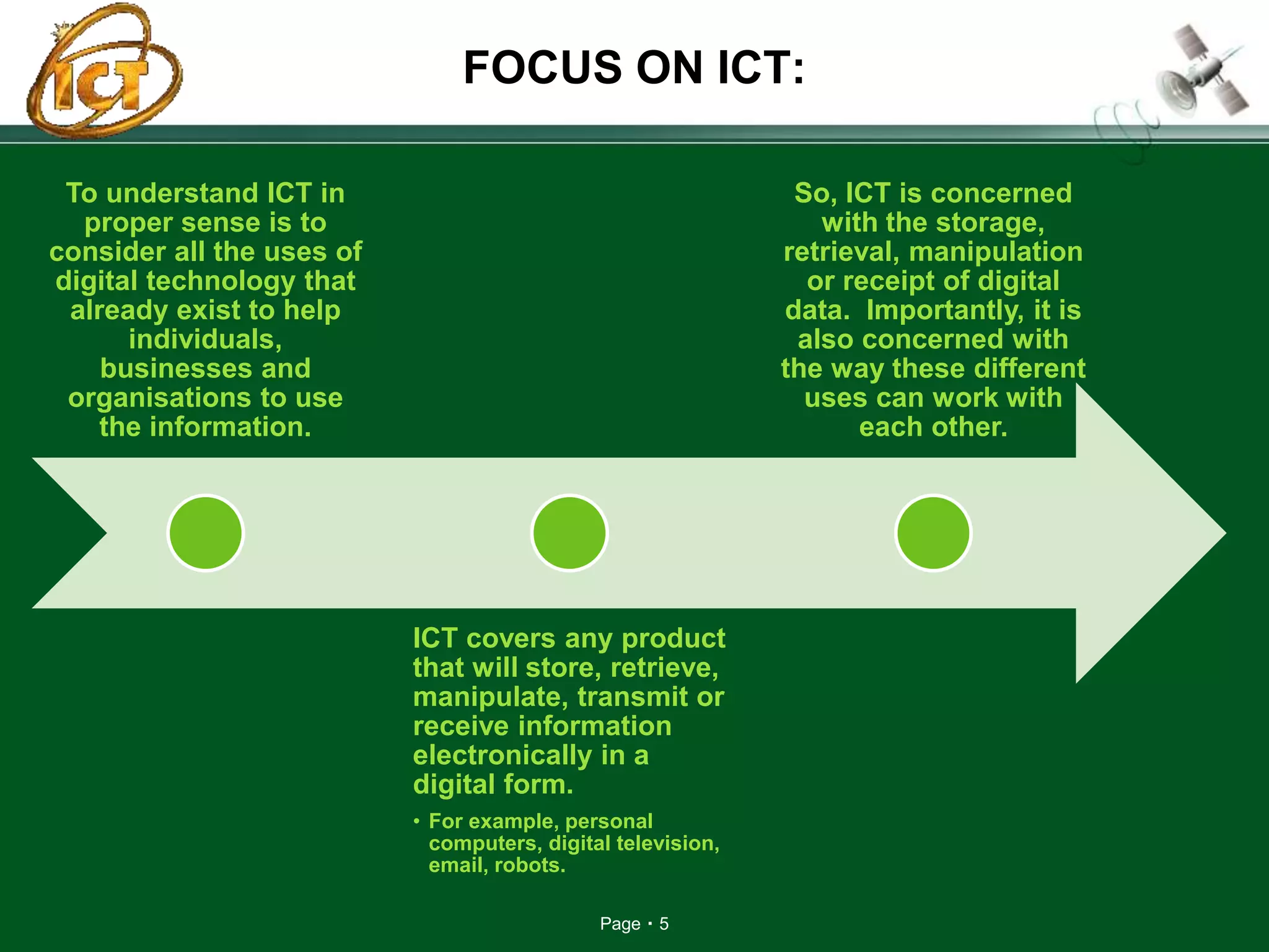 Page 5
FOCUS ON ICT:
To understand ICT in
proper sense is to
consider all the uses of
digital technology that
already exist to help
individuals,
businesses and
organisations to use
the information.
ICT covers any product
that will store, retrieve,
manipulate, transmit or
receive information
electronically in a
digital form.
• For example, personal
computers, digital television,
email, robots.
So, ICT is concerned
with the storage,
retrieval, manipulation
or receipt of digital
data. Importantly, it is
also concerned with
the way these different
uses can work with
each other.
 