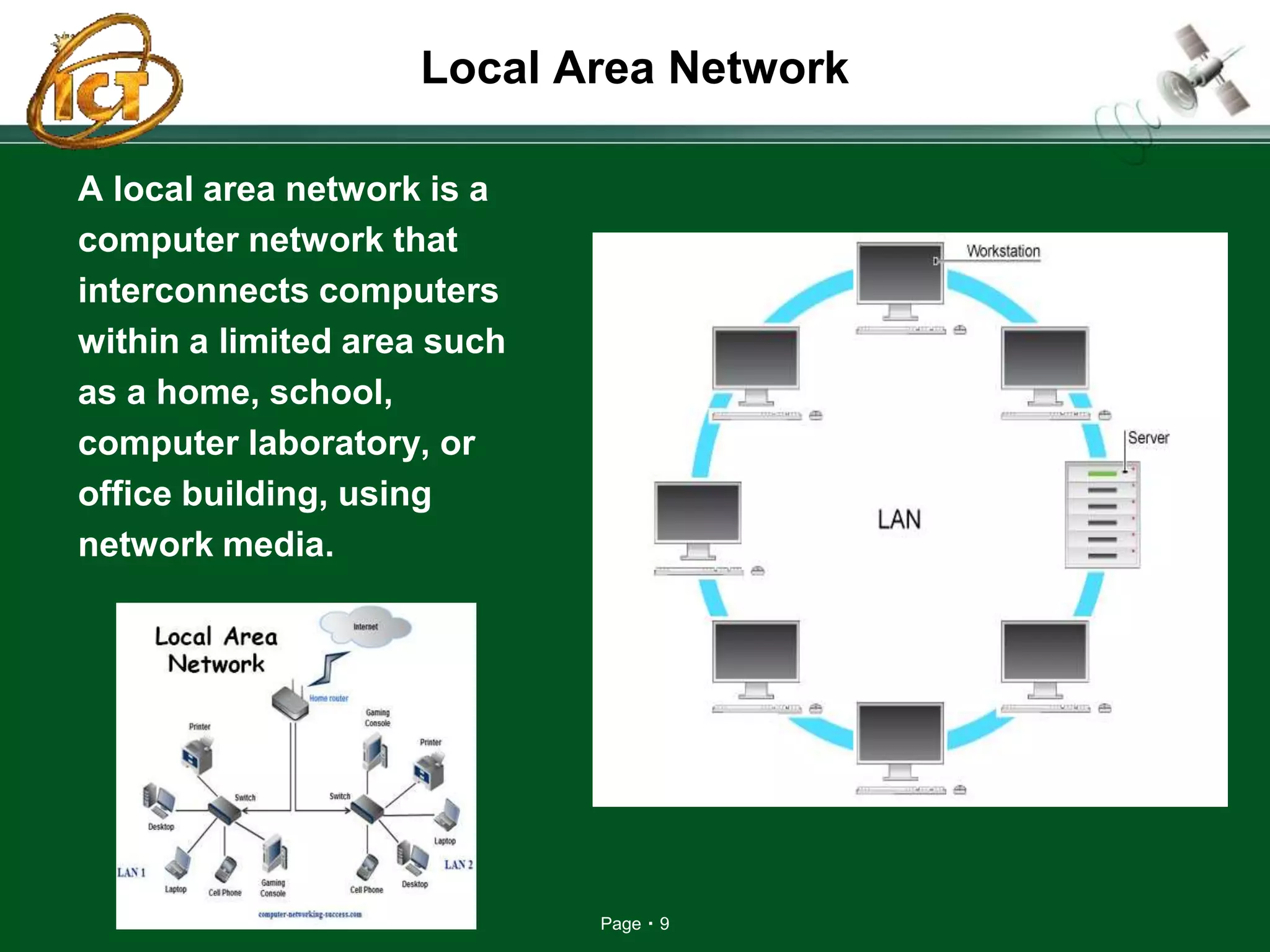 Page 9
Local Area Network
A local area network is a
computer network that
interconnects computers
within a limited area such
as a home, school,
computer laboratory, or
office building, using
network media.
 
