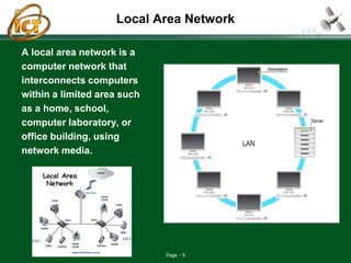 Page 9
Local Area Network
A local area network is a
computer network that
interconnects computers
within a limited area such
as a home, school,
computer laboratory, or
office building, using
network media.
 
