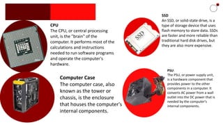 CPU
The CPU, or central processing
unit, is the "brain" of the
computer. It performs most of the
calculations and instructions
needed to run software programs
and operate the computer's
hardware.
PSU:
The PSU, or power supply unit,
is a hardware component that
provides power to the other
components in a computer. It
converts AC power from a wall
outlet into the DC power that is
needed by the computer's
internal components.
SSD
An SSD, or solid-state drive, is a
type of storage device that uses
flash memory to store data. SSDs
are faster and more reliable than
traditional hard disk drives, but
they are also more expensive.
Computer Case
The computer case, also
known as the tower or
chassis, is the enclosure
that houses the computer's
internal components.
 