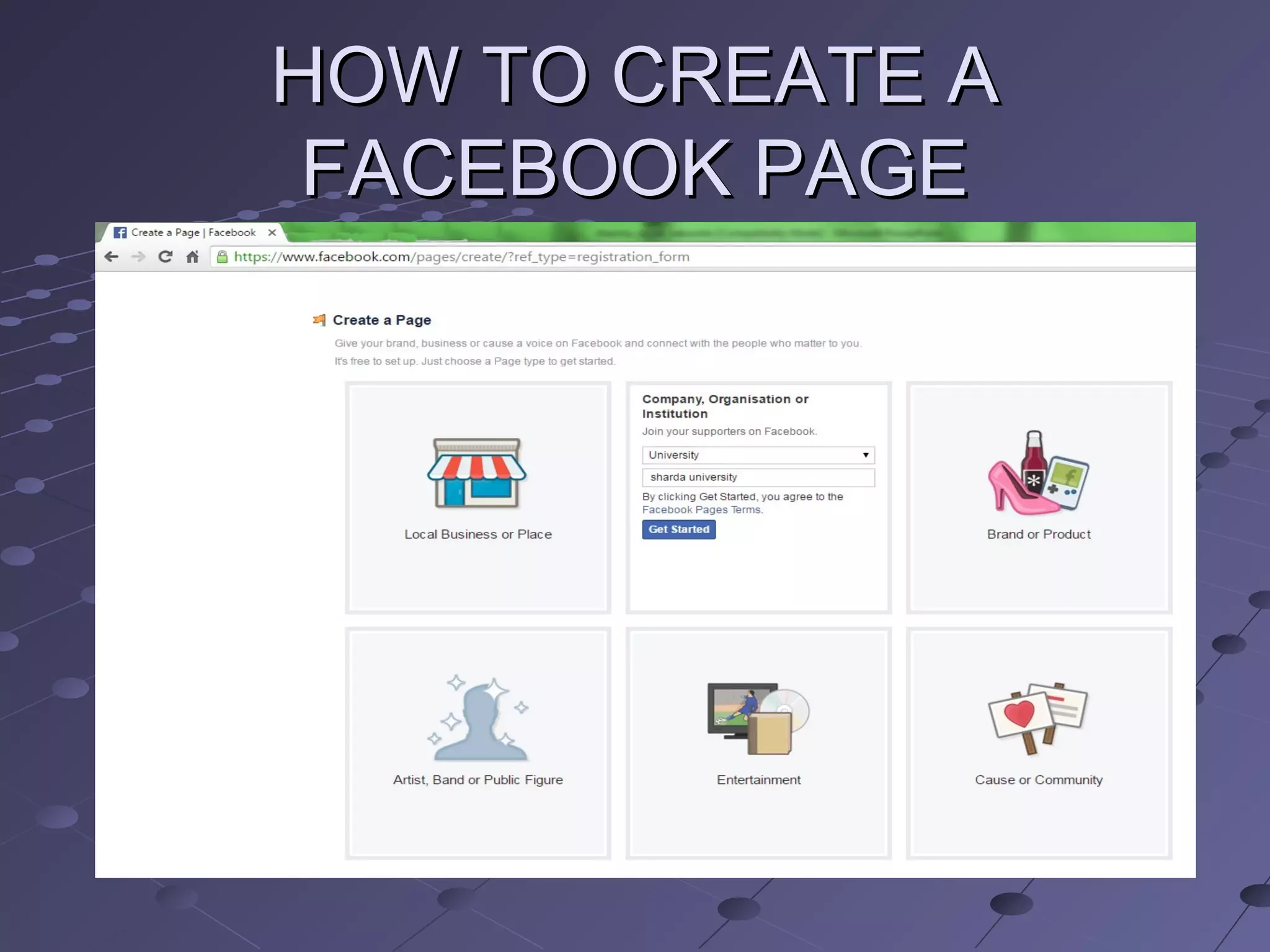 HOW TO CREATE AHOW TO CREATE A
FACEBOOK PAGEFACEBOOK PAGE
 