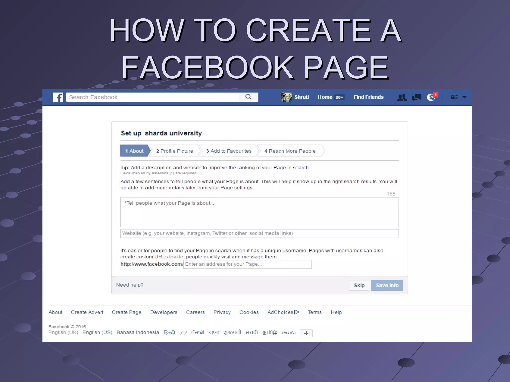 HOW TO CREATE AHOW TO CREATE A
FACEBOOK PAGEFACEBOOK PAGE
 