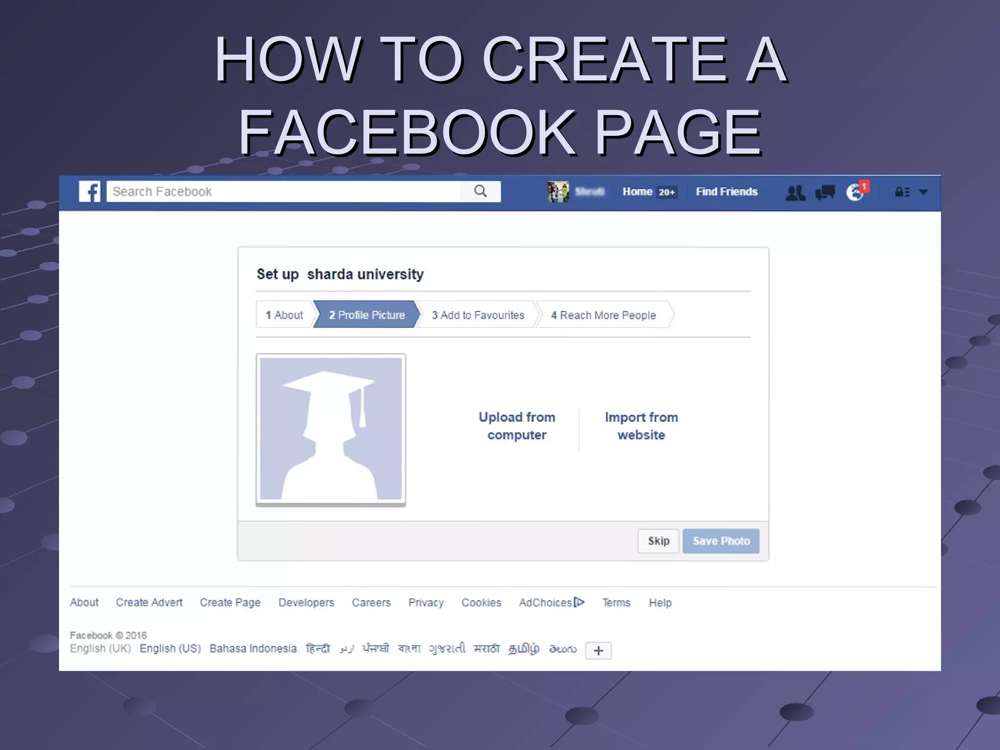 HOW TO CREATE AHOW TO CREATE A
FACEBOOK PAGEFACEBOOK PAGE
 