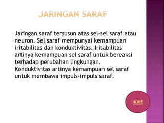 Jaringan saraf tersusun atas sel-sel saraf atau
neuron. Sel saraf mempunyai kemampuan
iritabilitas dan konduktivitas. Iritabilitas
artinya kemampuan sel saraf untuk bereaksi
terhadap perubahan lingkungan.
Konduktivitas artinya kemampuan sel saraf
untuk membawa impuls-impuls saraf.
HOME
 