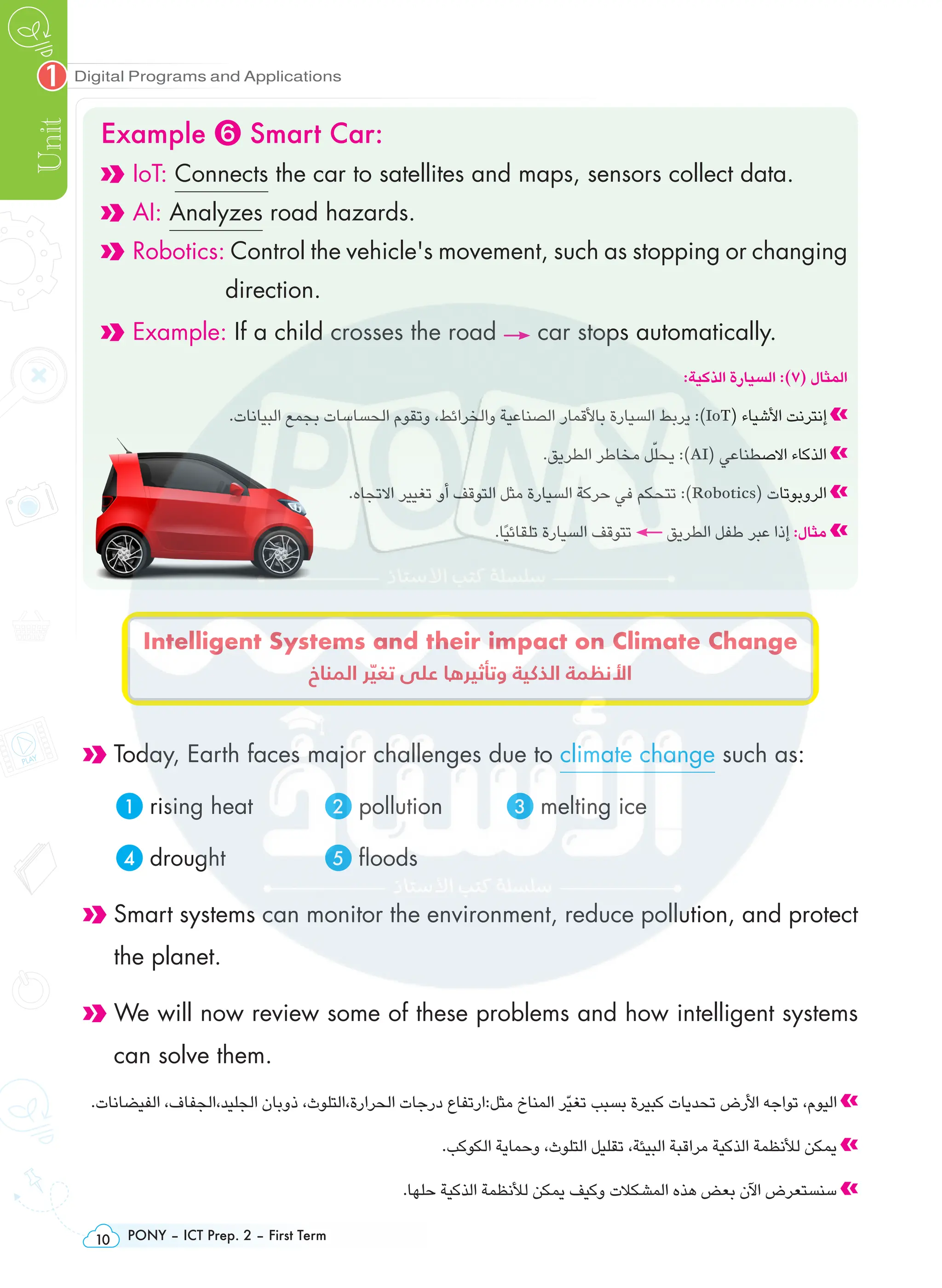 PONY – ICT Prep. 2 – First Term
10
Digital Programs and Applications
Unit
1
Example ❻ Smart Car:
IoT: Connects the car to satellites and maps, sensors collect data.
AI: Analyzes road hazards.
Robotics:Control the vehicle's movement, such as stopping or changing
direction.
Example: If a child crosses the road car stops automatically.
:‫الذكية‬ ‫السيارة‬ :)٧( ‫المثال‬
.‫البيانات‬ ‫بجمع‬ ‫الحساسات‬ ‫وتقوم‬ ،‫والخرائط‬ ‫الصناعية‬ ‫باألقمار‬ ‫السيارة‬ ‫يربط‬ :)IoT( ‫األشياء‬ ‫إنترنت‬
.‫الطريق‬ ‫مخاطر‬ ‫ل‬ّ‫يحل‬ :)AI( ‫االصطناعي‬ ‫الذكاء‬
.‫االتجاه‬ ‫تغيير‬ ‫أو‬ ‫التوقف‬ ‫مثل‬ ‫السيارة‬ ‫حركة‬ ‫في‬ ‫تتحكم‬ :)Robotics( ‫الروبوتات‬
.‫ًا‬‫ي‬‫تلقائ‬ ‫السيارة‬ ‫تتوقف‬ ‫الطريق‬ ‫طفل‬ ‫عبر‬ ‫إذا‬ :‫مثال‬
Intelligent Systems and their impact on Climate Change
‫المناخ‬ ‫ر‬ ّ‫تغي‬ ‫على‬ ‫وتأثيرها‬ ‫الذكية‬ ‫األنظمة‬
Today, Earth faces major challenges due to climate change such as:
1 rising heat		 2 pollution		 3 melting ice
4 drought		 5 floods

Smart systems can monitor the environment, reduce pollution, and protect
the planet.

We will now review some of these problems and how intelligent systems
can solve them.
.‫الفيضانات‬ ،‫الجفاف‬،‫الجليد‬ ‫ذوبان‬ ،‫التلوث‬،‫الحرارة‬ ‫درجات‬ ‫ارتفاع‬:‫مثل‬ ‫المناخ‬ ‫ّر‬‫ي‬‫تغ‬ ‫بسبب‬ ‫كبيرة‬ ‫تحديات‬ ‫األرض‬ ‫تواجه‬ ،‫اليوم‬
.‫الكوكب‬ ‫وحماية‬ ،‫التلوث‬ ‫تقليل‬ ،‫البيئة‬ ‫مراقبة‬ ‫الذكية‬ ‫لألنظمة‬ ‫يمكن‬
.‫حلها‬ ‫الذكية‬ ‫لألنظمة‬ ‫يمكن‬ ‫وكيف‬ ‫المشكالت‬ ‫هذه‬ ‫بعض‬ ‫اآلن‬ ‫سنستعرض‬
 