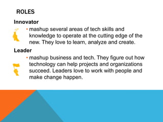 ROLES
Innovator
    • mashup several areas of tech skills and
      knowledge to operate at the cutting edge of the
      new. They love to learn, analyze and create.
Leader
    • mashup business and tech. They figure out how
      technology can help projects and organizations
      succeed. Leaders love to work with people and
      make change happen.
 