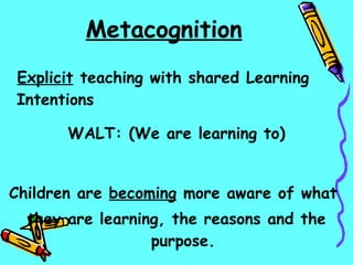 Metacognition Explicit  teaching with shared Learning Intentions WALT: (We are learning to) Children are  becoming  more aware of what  they are learning, the reasons and the purpose. 