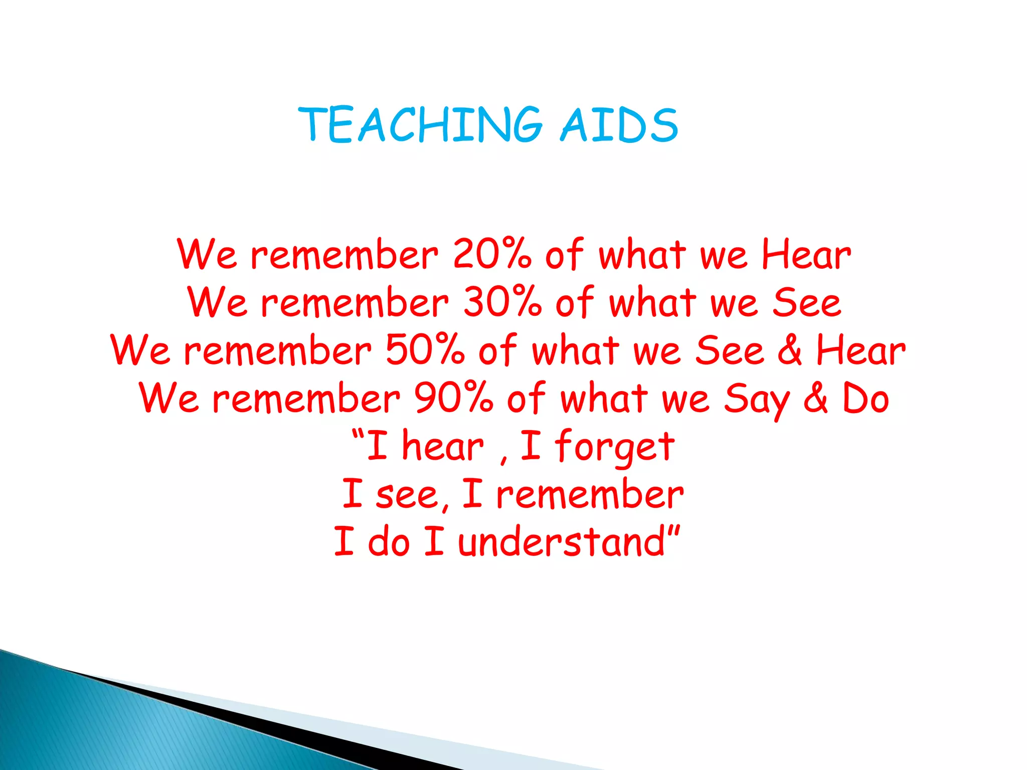 TEACHING AIDS
We remember 20% of what we Hear
We remember 30% of what we See
We remember 50% of what we See & Hear
We remember 90% of what we Say & Do
“I hear , I forget
I see, I remember
I do I understand”
 