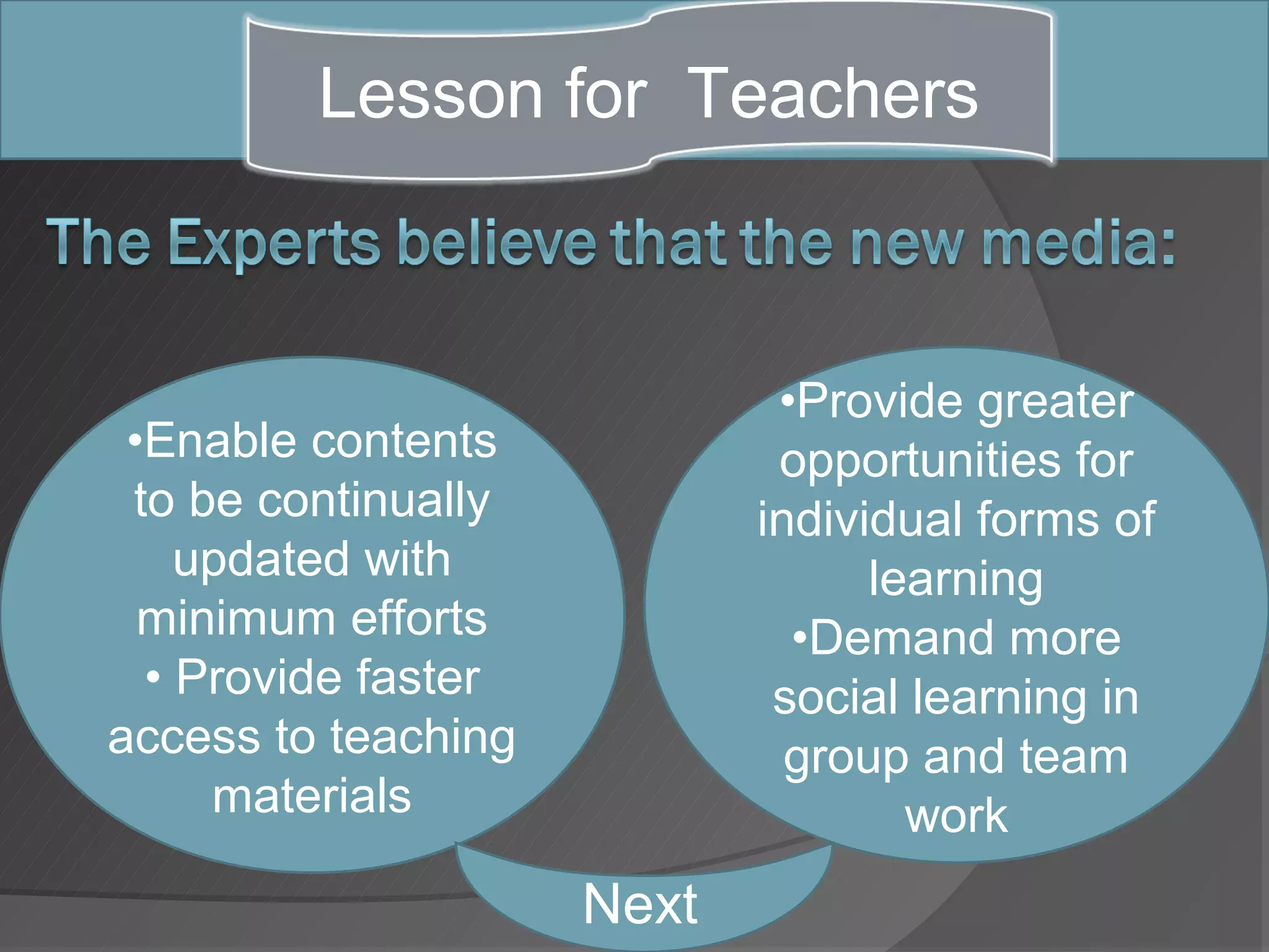 Lesson for Teachers



                             •Provide greater
 •Enable contents            opportunities for
 to be continually          individual forms of
    updated with                  learning
  minimum efforts             •Demand more
  • Provide faster           social learning in
access to teaching            group and team
     materials                      work
                     Next
 