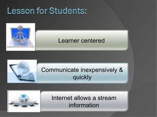 Learner centered



Communicate inexpensively &
         quickly


   Internet allows a stream
         information
 