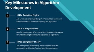 Click to edit Master title style
9
9
Key Milestones in Algorithm
Development
1 1840s: Analytical Engine
Ada Lovelace's conceptual design for the Analytical Engine laid
the foundations for modern computing and algorithms.
2 1930s: Turing Machines
Alan Turing's theoretical Turing machines provided a framework
for understanding the limits and capabilities of algorithms.
3 1970s: Complexity Theory
The development of complexity theory helped classify the
computational difficulty of various algorithmic problems.
 