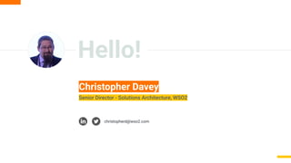 Hello!
Christopher Davey
christopherd@wso2.com
Senior Director - Solutions Architecture, WSO2
 