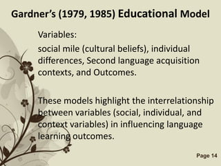 Gardner’s (1979, 1985) Educational Model
     Variables:
     social mile (cultural beliefs), individual
     differences, Second language acquisition
     contexts, and Outcomes.

     These models highlight the interrelationship
     between variables (social, individual, and
     context variables) in influencing language
     learning outcomes.
                Free Powerpoint Templates     Page 14
 