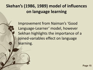 Skehan’s (1986, 1989) model of influences
          on language learning

      Improvement from Naiman’s ‘Good
      Language-Learner’ model, however
      Sekhan highlights the importance of a
      joined-variables effect on language
      learning.




               Free Powerpoint Templates      Page 15
 