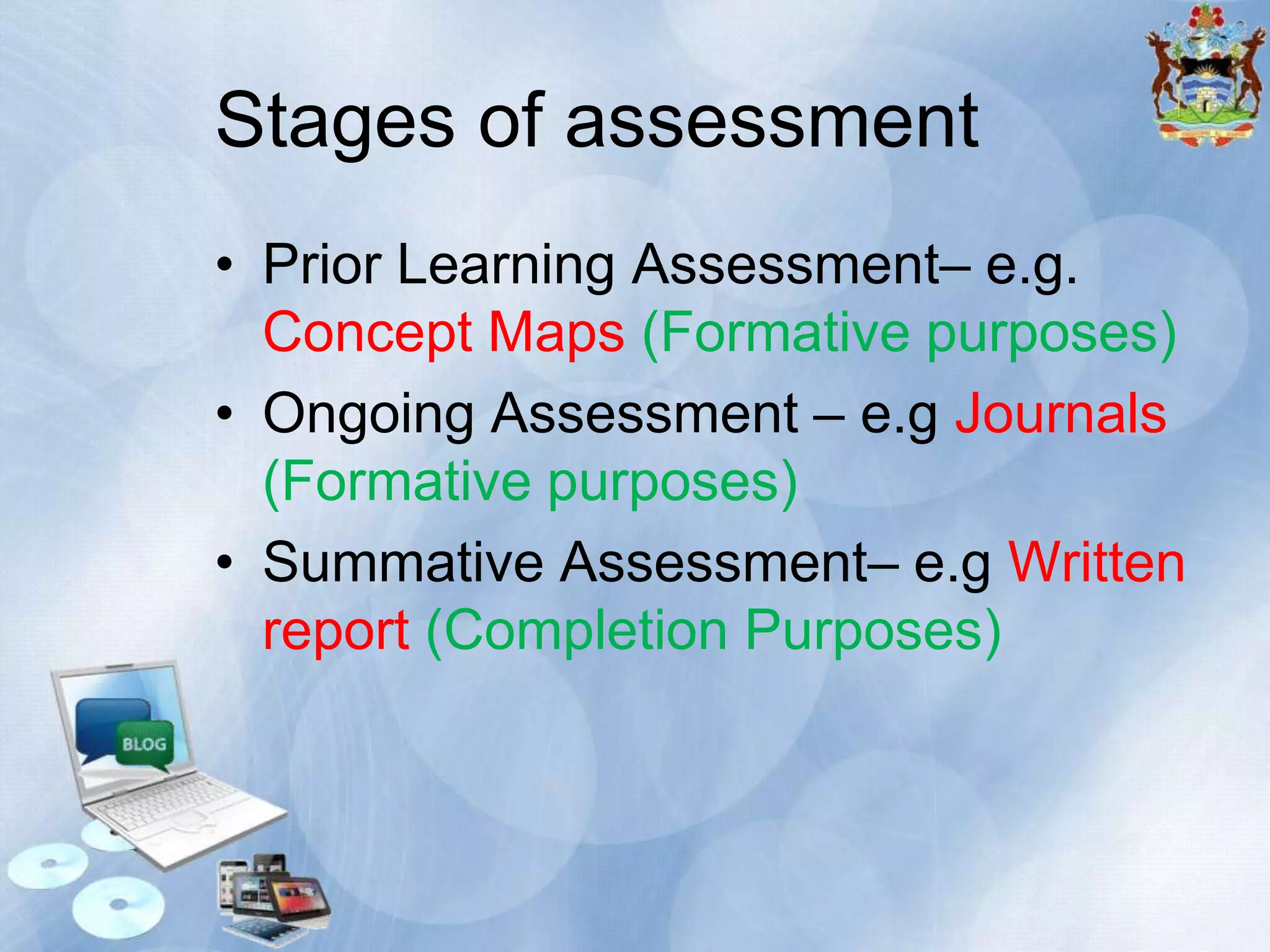 Stages of assessment
• Prior Learning Assessment– e.g.
Concept Maps (Formative purposes)
• Ongoing Assessment – e.g Journals
(Formative purposes)
• Summative Assessment– e.g Written
report (Completion Purposes)

 
