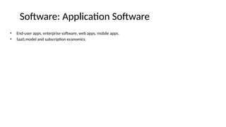 Software: Application Software
• End-user apps, enterprise software, web apps, mobile apps.
• SaaS model and subscription economics.
 