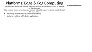 Platforms: Edge & Fog Computing
Hybrid storage: Tier hot/cold data; use object storage for large-scale analytics, block for VMs, file
for shared storage.
Edge use-case: process sensor data near source to reduce latency and bandwidth costs (industrial
IoT, smart cities).
• Processing closer to data sources reduces latency.
• Useful for real-time IoT/industry applications.
Big-data growth & projections
 