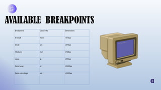 .
AVAILABLE BREAKPOINTS
Breakpoint Class infix Dimensions
X-Small None <576px
Small sm ≥576px
Medium md ≥768px
Large lg ≥992px
Extra large xl ≥1200px
Extra extra large xxl ≥1400px
 