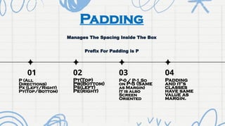 Padding
Manages The Spacing Inside The Box
Prefix For Padding is P
01 02
P (All
Directions)
Px (Left/Right)
Py(Top/Bottom)
Pt(Top)
Pb(Bottom)
Ps(left)
Pe(right)
03
P-0 / P-1 So
on P-5 (Same
as Margin)
It is also
Screen
Oriented
04
Padding
and it’s
classes
have same
value as
margin.
 