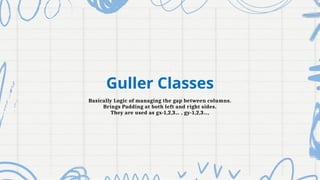 Guller Classes
Basically Logic of managing the gap between columns.
Brings Padding at both left and right sides.
They are used as gx-1,2,3… , gy-1,2,3…,
 