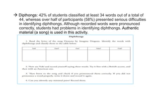  Dipthongs: 42% of students classified at least 34 words out of a total of
44, whereas over half of participants (58%) presented serious difficulties
in identifying diphthongs. Although recorded words were pronounced
correctly, students had problems in identifying diphthongs. Authentic
material (a song) is used in this activity.
 