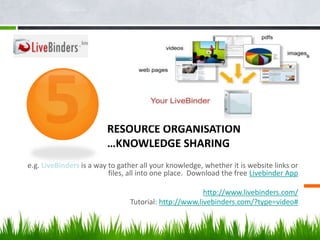 RESOURCE ORGANISATION
…KNOWLEDGE SHARING
e.g. LiveBinders is a way to gather all your knowledge, whether it is website lin...