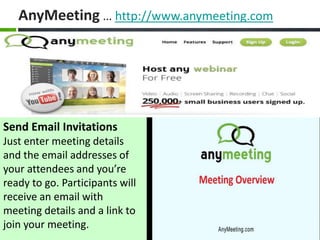 AnyMeeting … http://www.anymeeting.com
Send Email Invitations
Just enter meeting details
and the email addresses of
your a...