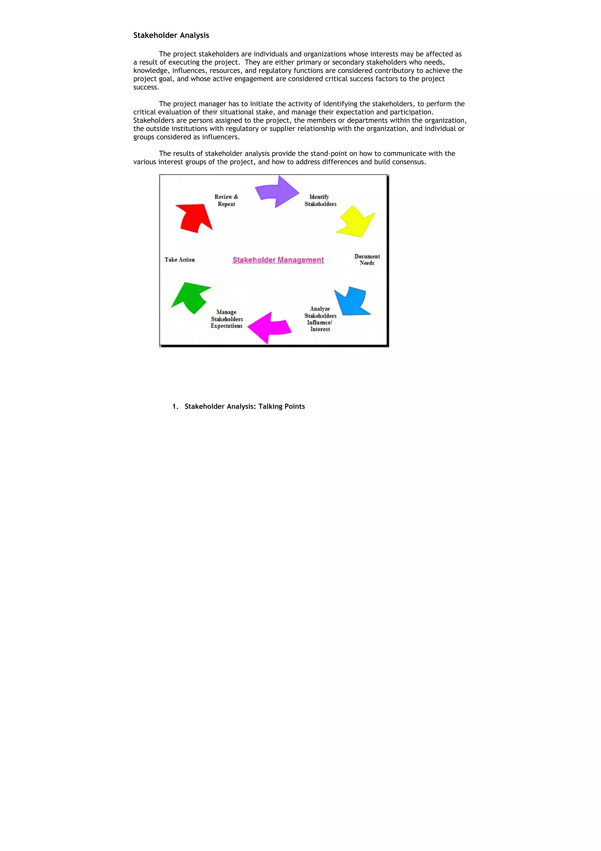 Stakeholder Analysis

         The project stakeholders are individuals and organizations whose interests may be affected as
a result of executing the project. They are either primary or secondary stakeholders who needs,
knowledge, influences, resources, and regulatory functions are considered contributory to achieve the
project goal, and whose active engagement are considered critical success factors to the project
success.

         The project manager has to initiate the activity of identifying the stakeholders, to perform the
critical evaluation of their situational stake, and manage their expectation and participation.
Stakeholders are persons assigned to the project, the members or departments within the organization,
the outside institutions with regulatory or supplier relationship with the organization, and individual or
groups considered as influencers.

        The results of stakeholder analysis provide the stand-point on how to communicate with the
various interest groups of the project, and how to address differences and build consensus.




            1. Stakeholder Analysis: Talking Points
 