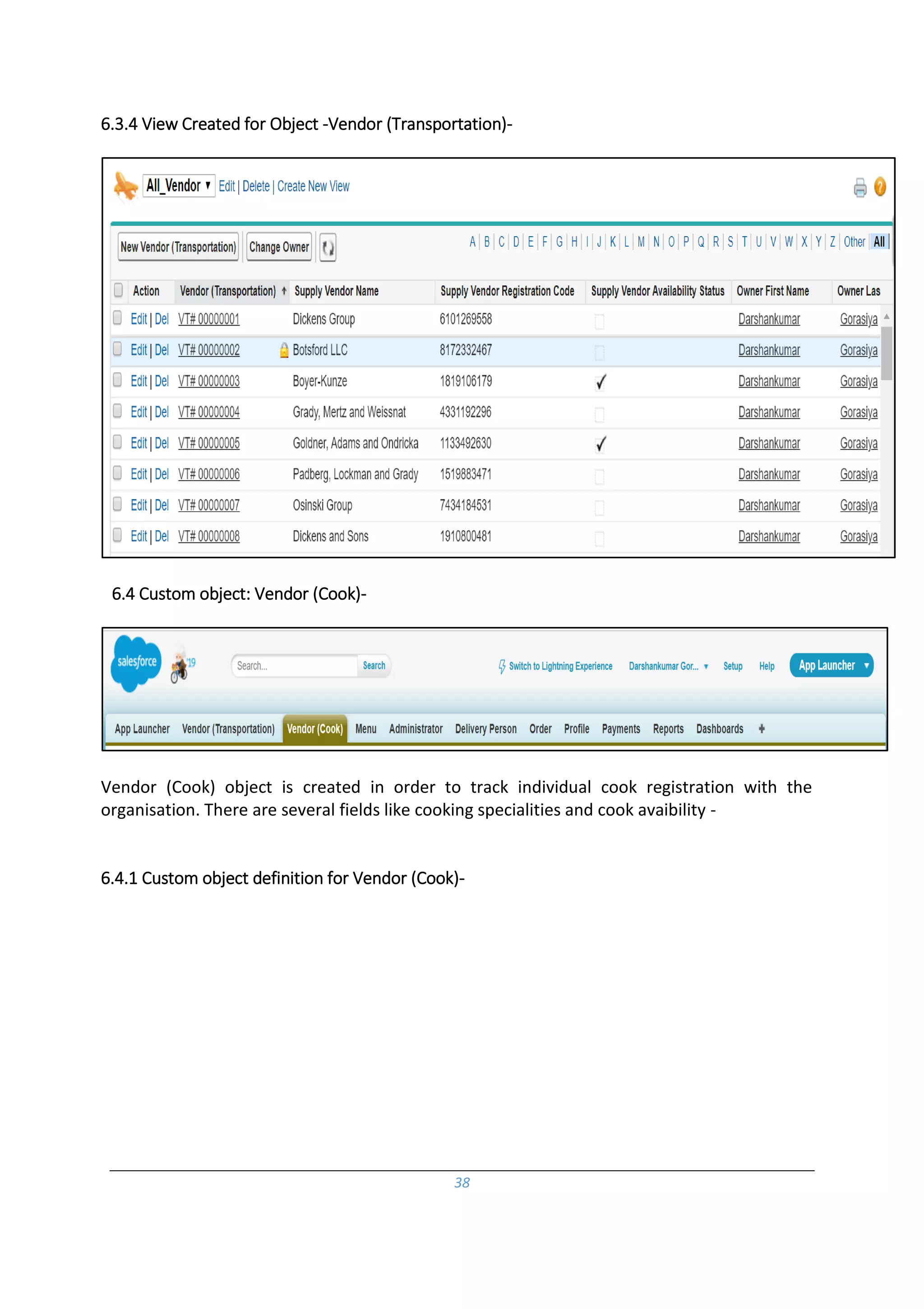 38
6.3.4 View Created for Object -Vendor (Transportation)-
6.4 Custom object: Vendor (Cook)-
Vendor (Cook) object is created in order to track individual cook registration with the
organisation. There are several fields like cooking specialities and cook avaibility -
6.4.1 Custom object definition for Vendor (Cook)-
 