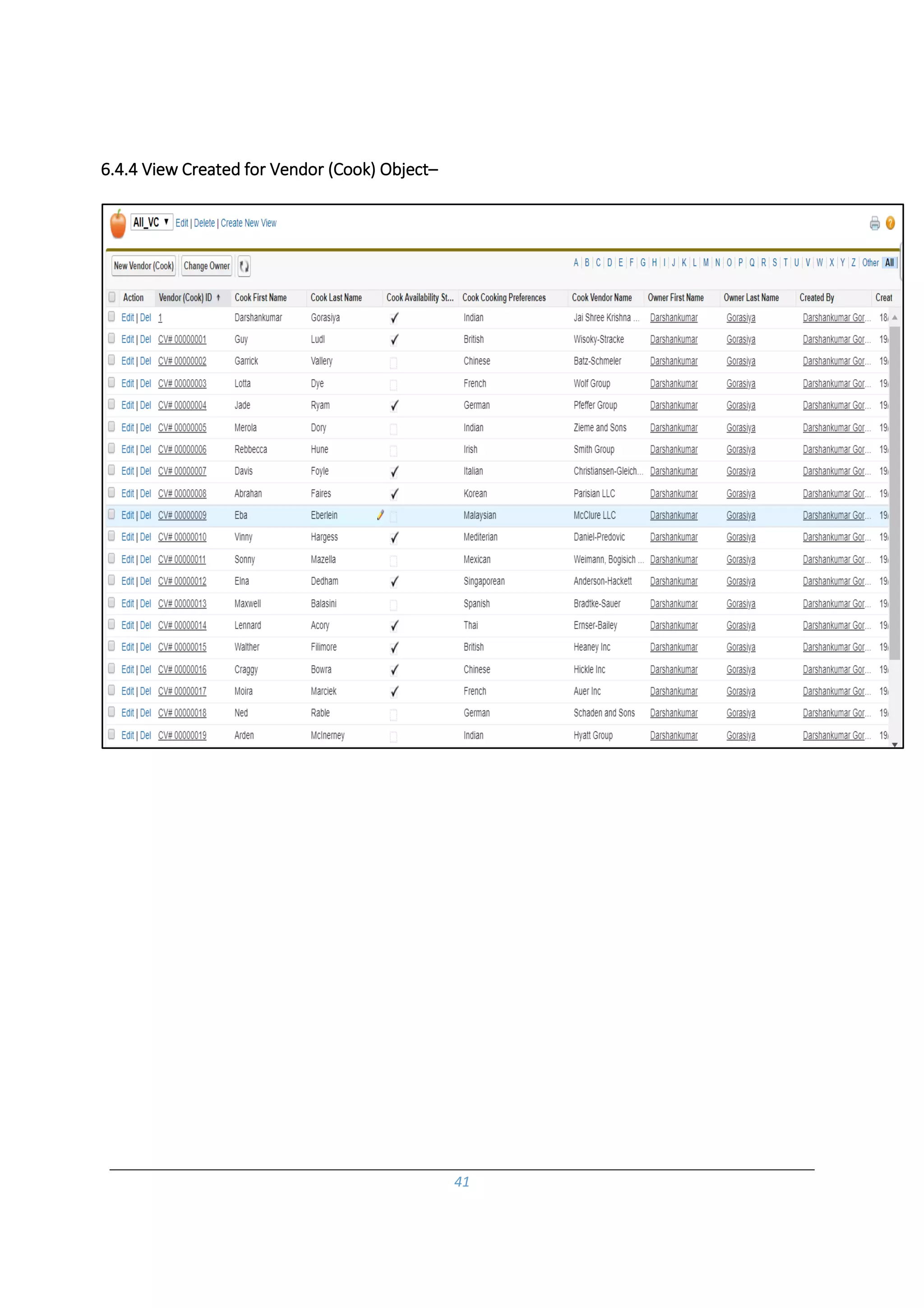 41
6.4.4 View Created for Vendor (Cook) Object–
 