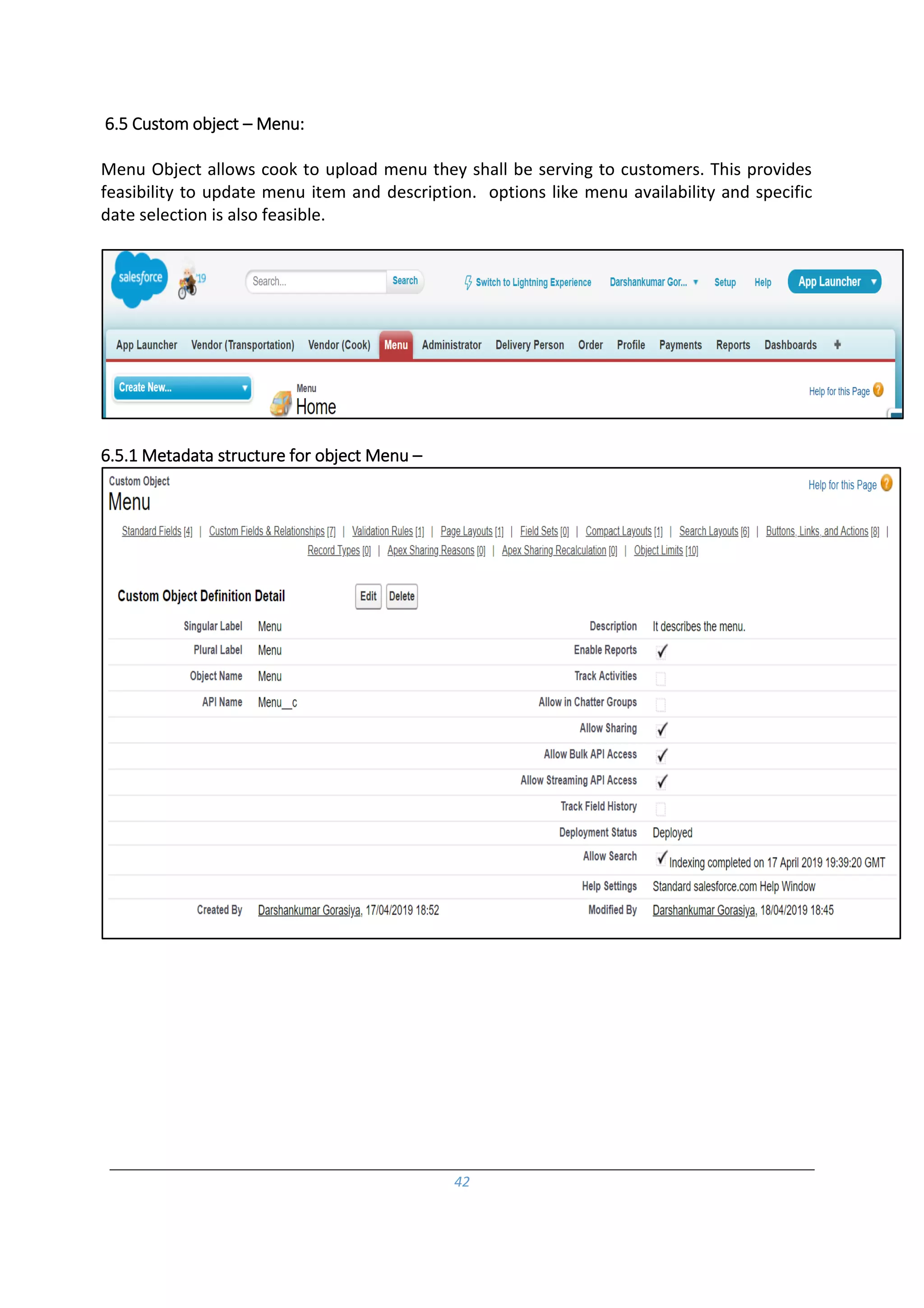 42
6.5 Custom object – Menu:
Menu Object allows cook to upload menu they shall be serving to customers. This provides
feasibility to update menu item and description. options like menu availability and specific
date selection is also feasible.
6.5.1 Metadata structure for object Menu –
 