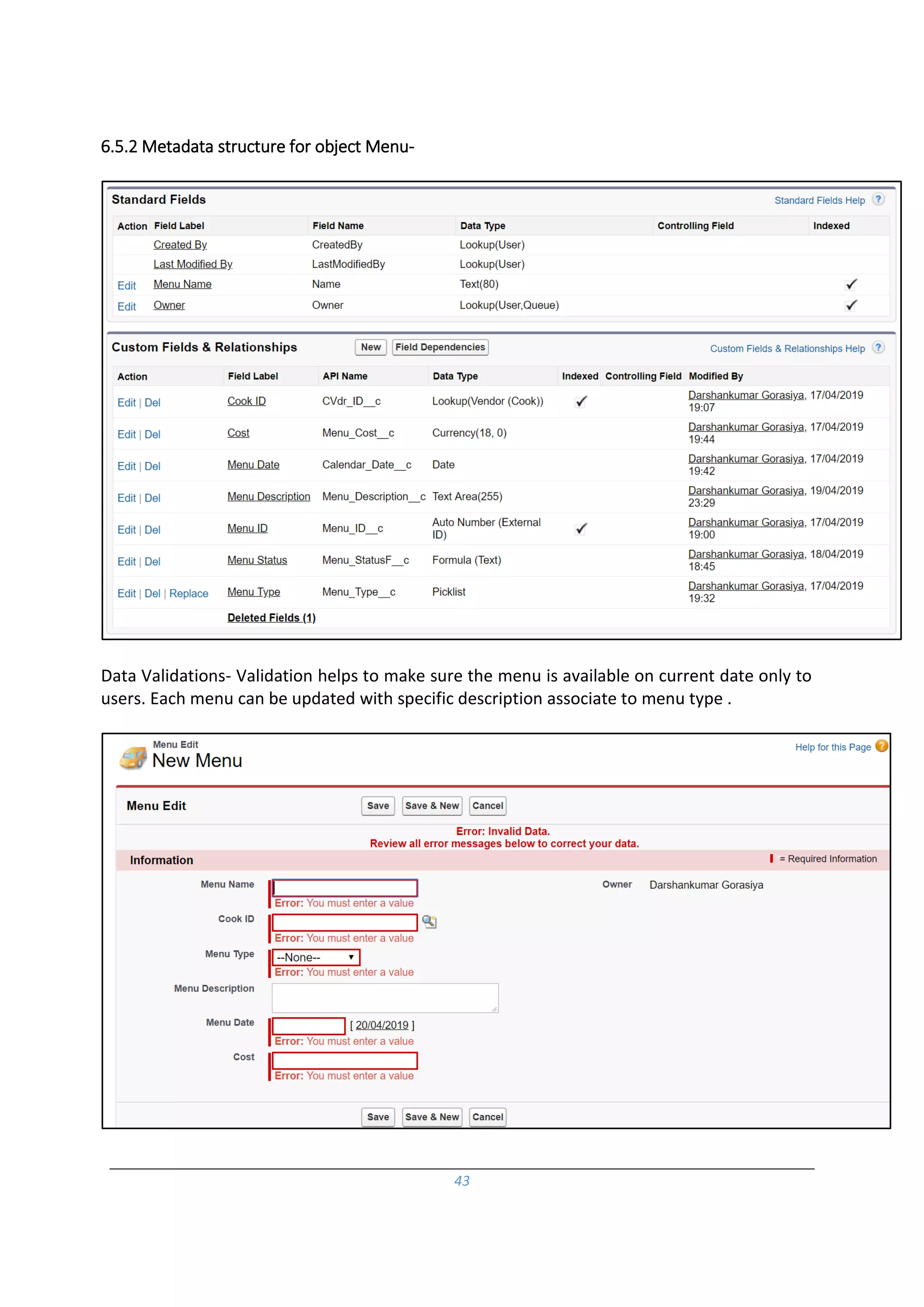 43
6.5.2 Metadata structure for object Menu-
Data Validations- Validation helps to make sure the menu is available on current date only to
users. Each menu can be updated with specific description associate to menu type .
 