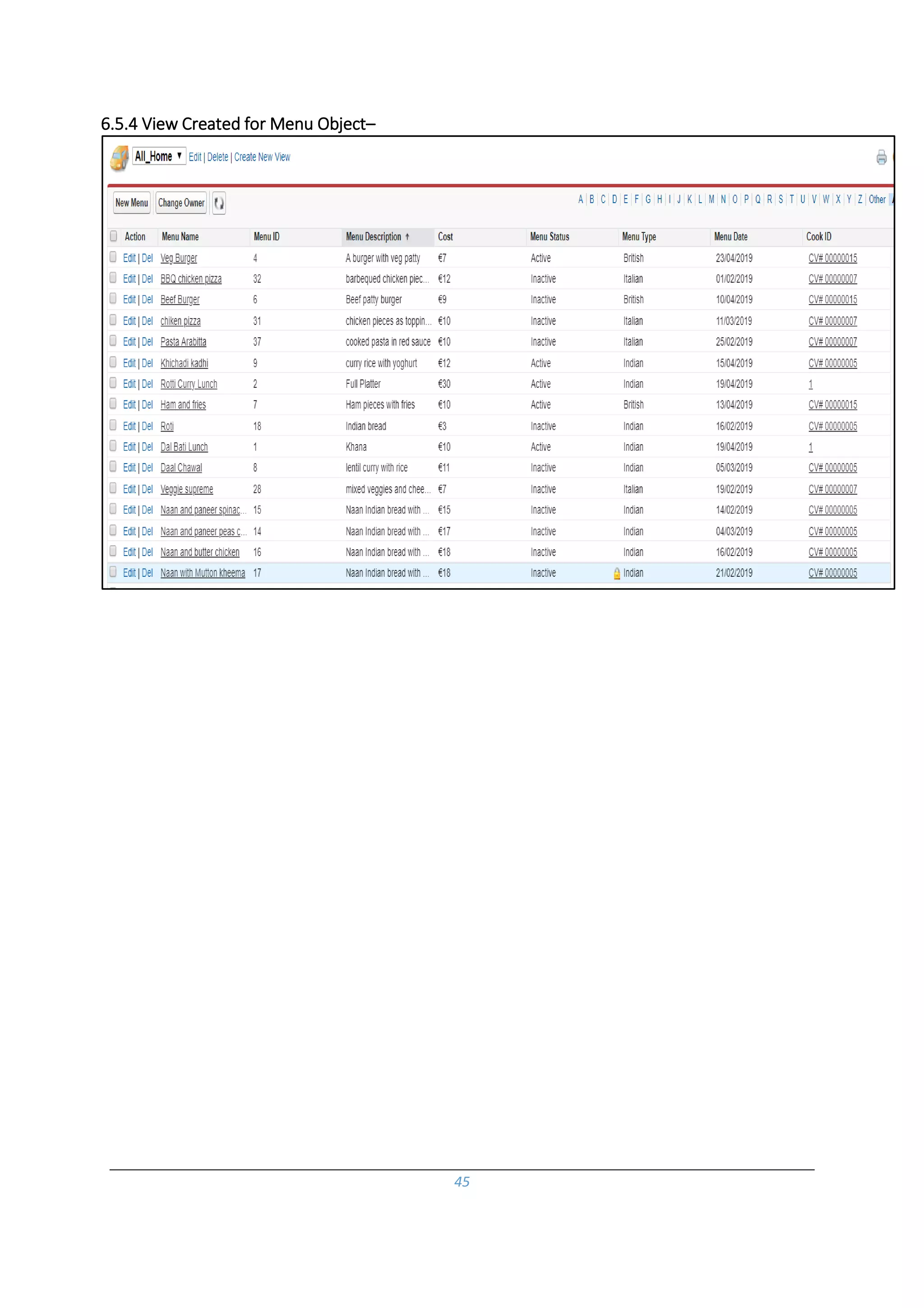 45
6.5.4 View Created for Menu Object–
 