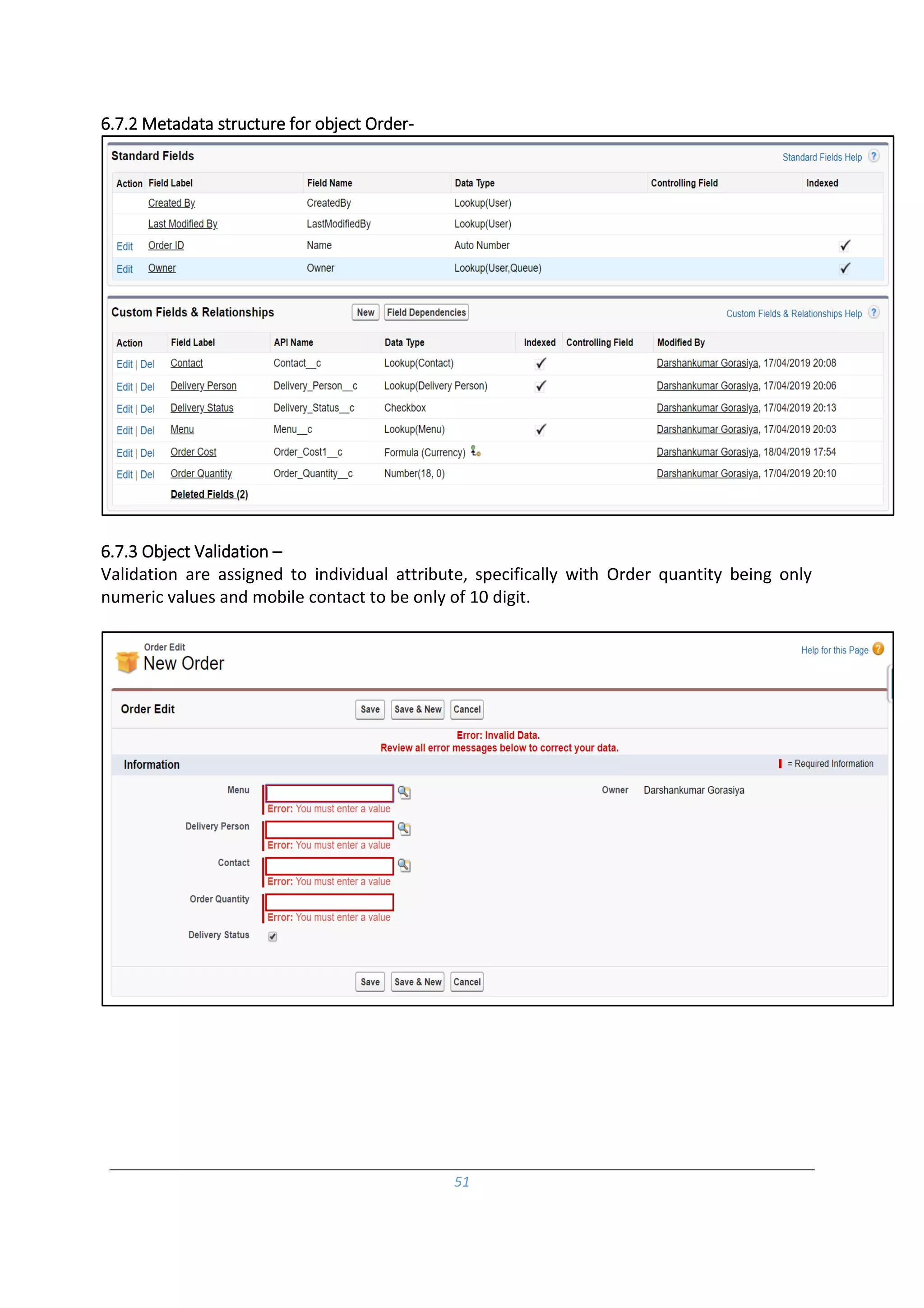 51
6.7.2 Metadata structure for object Order-
6.7.3 Object Validation –
Validation are assigned to individual attribute, specifically with Order quantity being only
numeric values and mobile contact to be only of 10 digit.
 
