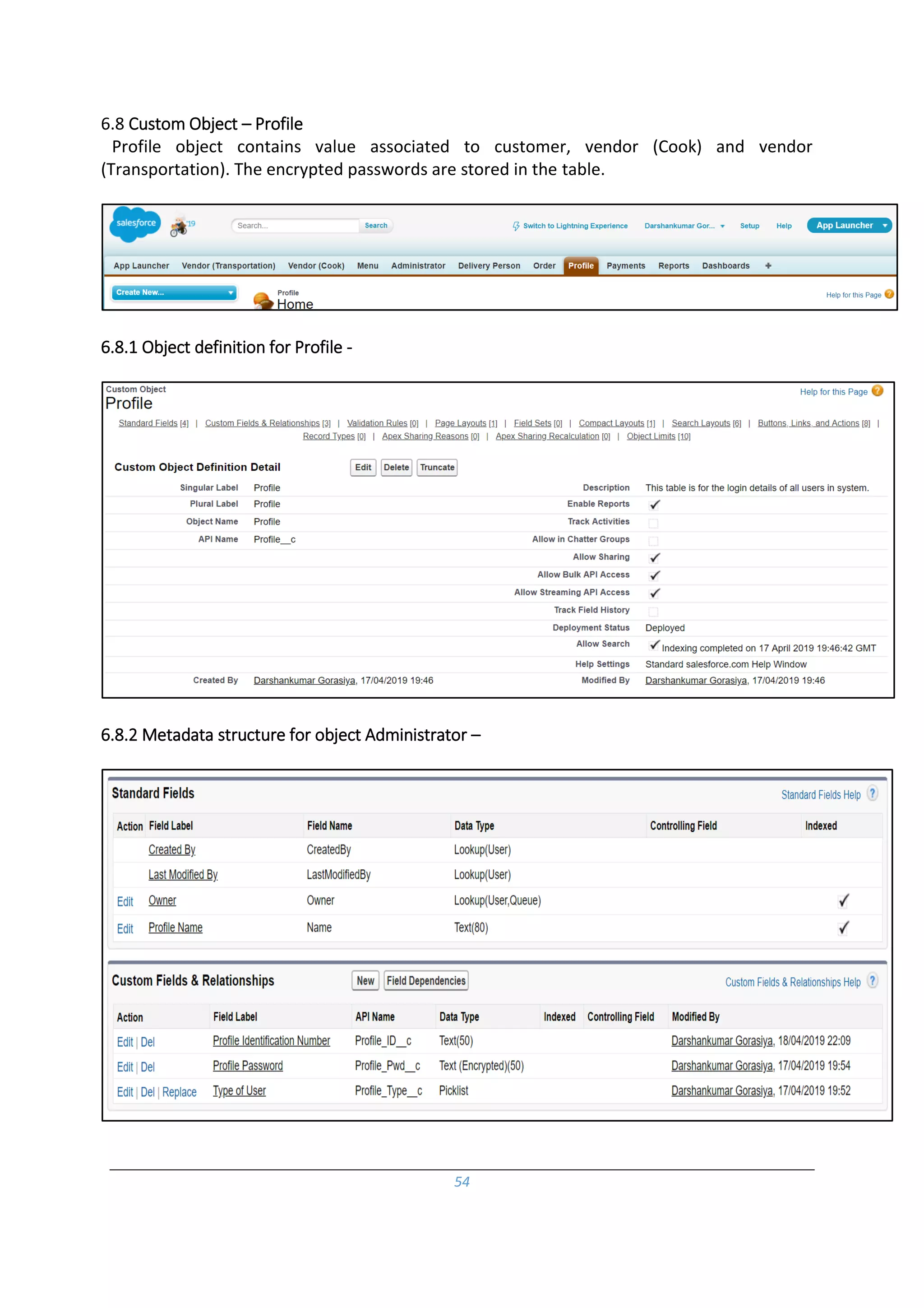 54
6.8 Custom Object – Profile
Profile object contains value associated to customer, vendor (Cook) and vendor
(Transportation). The encrypted passwords are stored in the table.
6.8.1 Object definition for Profile -
6.8.2 Metadata structure for object Administrator –
 
