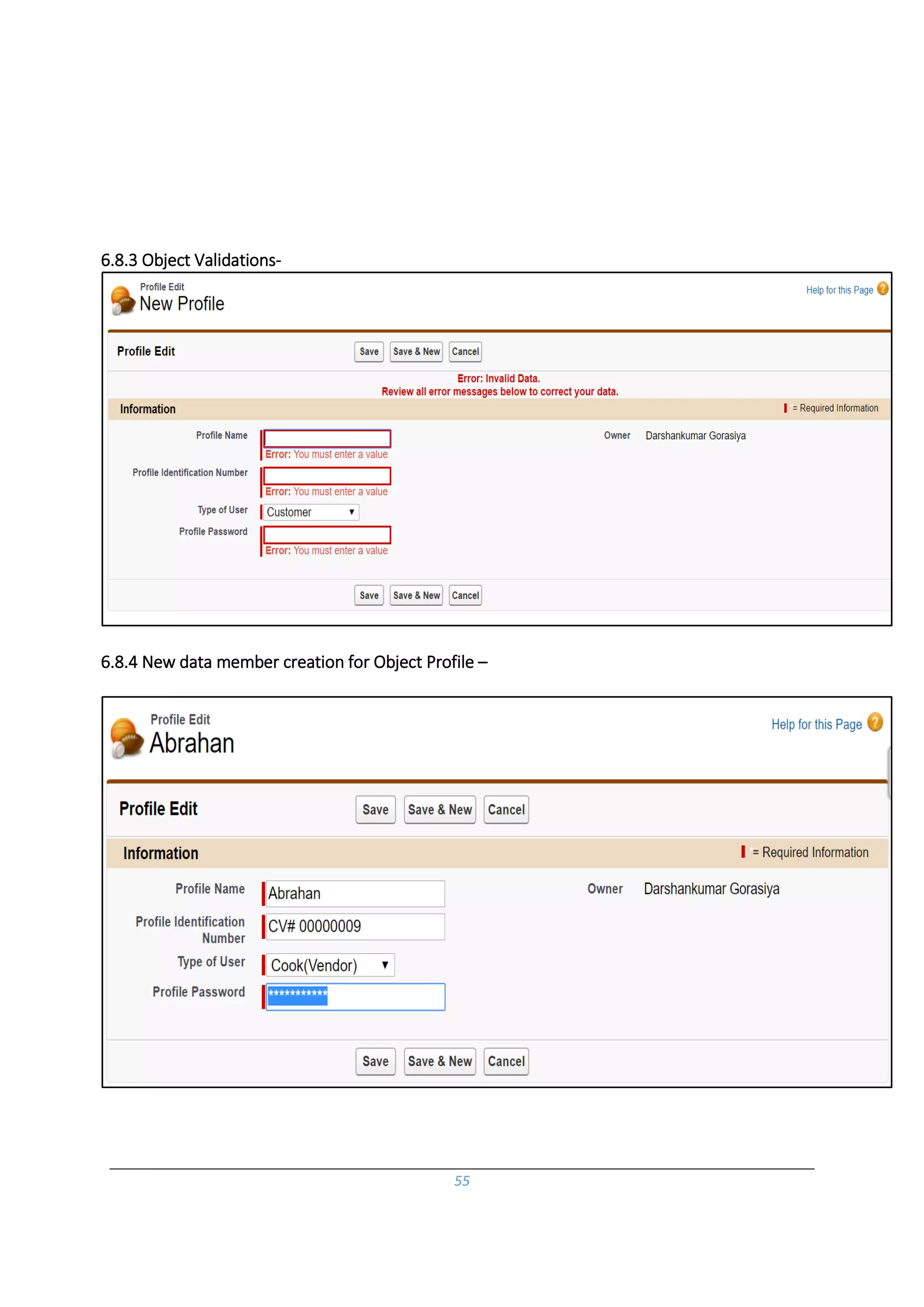 55
6.8.3 Object Validations-
6.8.4 New data member creation for Object Profile –
 