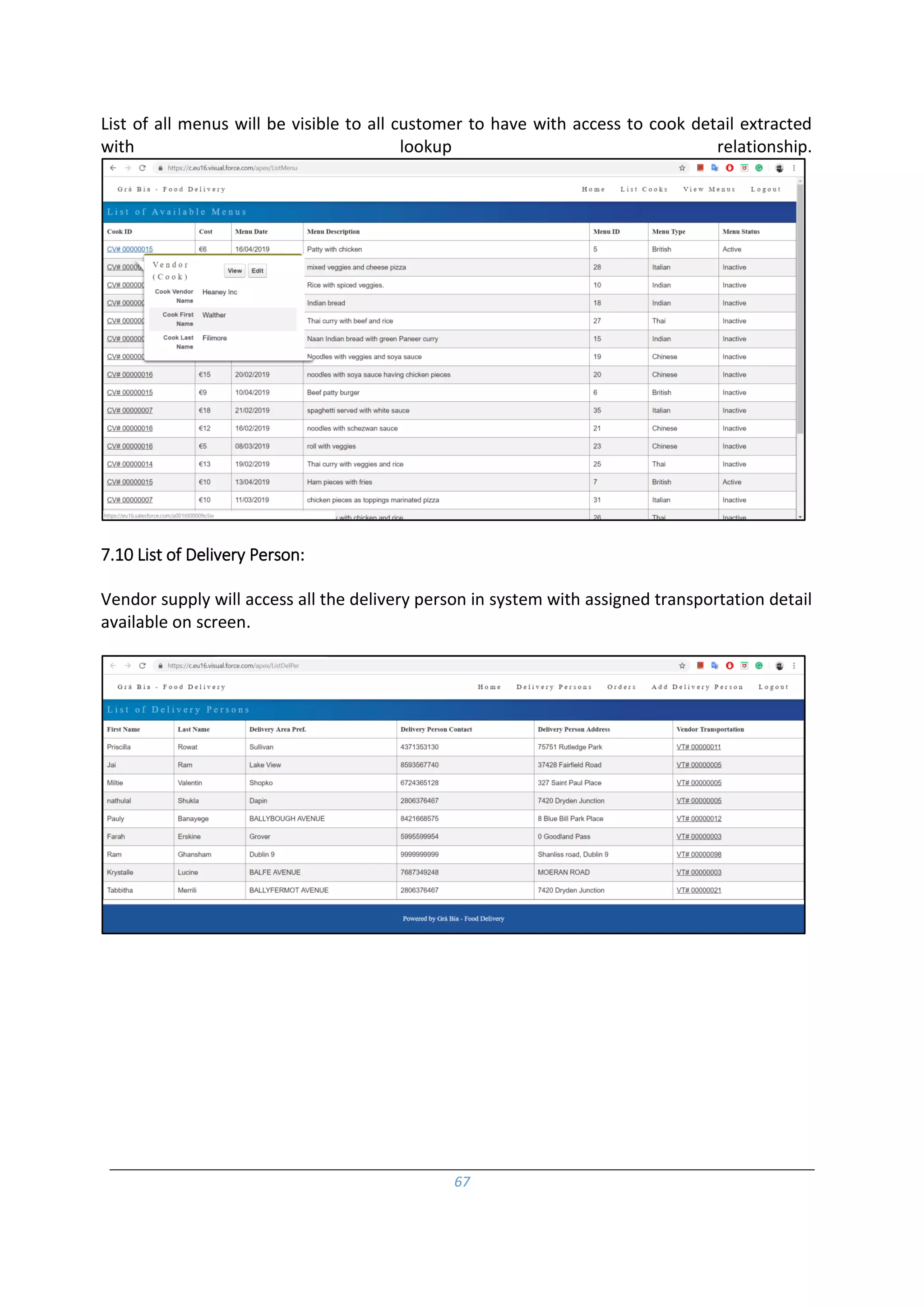 67
List of all menus will be visible to all customer to have with access to cook detail extracted
with lookup relationship.
7.10 List of Delivery Person:
Vendor supply will access all the delivery person in system with assigned transportation detail
available on screen.
 