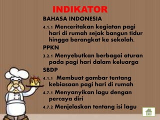 INDIKATOR
BAHASA INDONESIA
4.1.1 Menceritakan kegiatan pagi
hari di rumah sejak bangun tidur
hingga berangkat ke sekolah.
PPKN
3.2.1 Menyebutkan berbagai aturan
pada pagi hari dalam keluarga
SBDP
4.1.1 Membuat gambar tentang
kebiasaan pagi hari di rumah
4.7.1 Menyanyikan lagu dengan
percaya diri
4.7.2 Menjelaskan tentang isi lagu
 