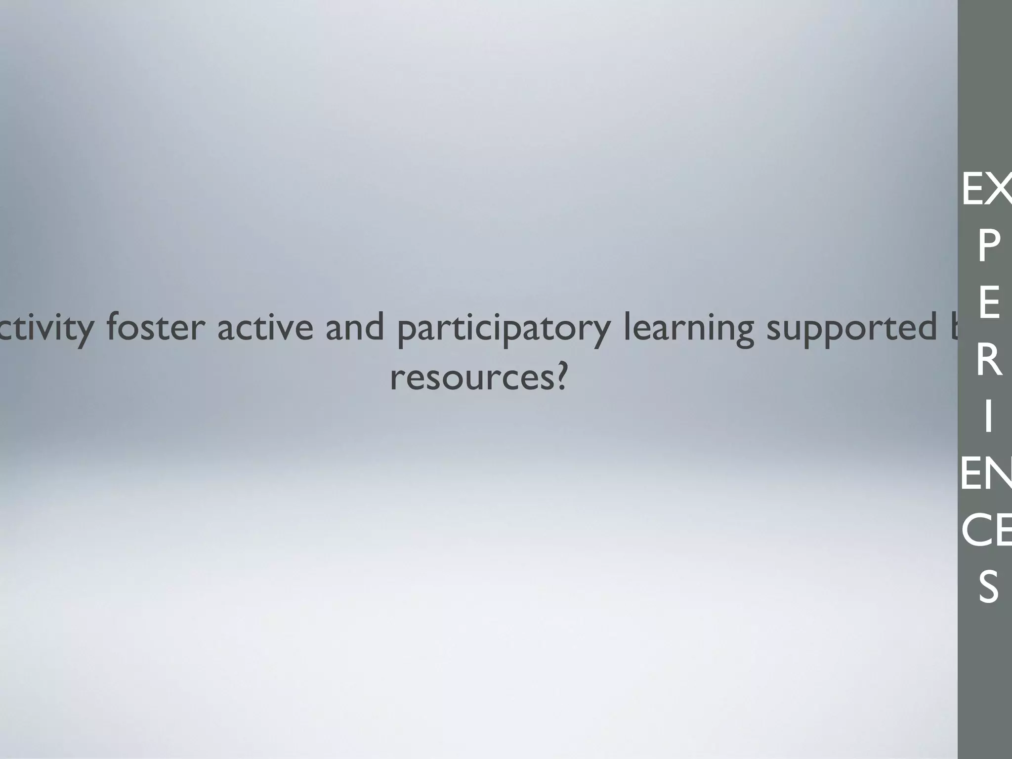 ctivity foster active and participatory learning supported by IT
resources?
EX
P
E
R
I
EN
CE
S
 