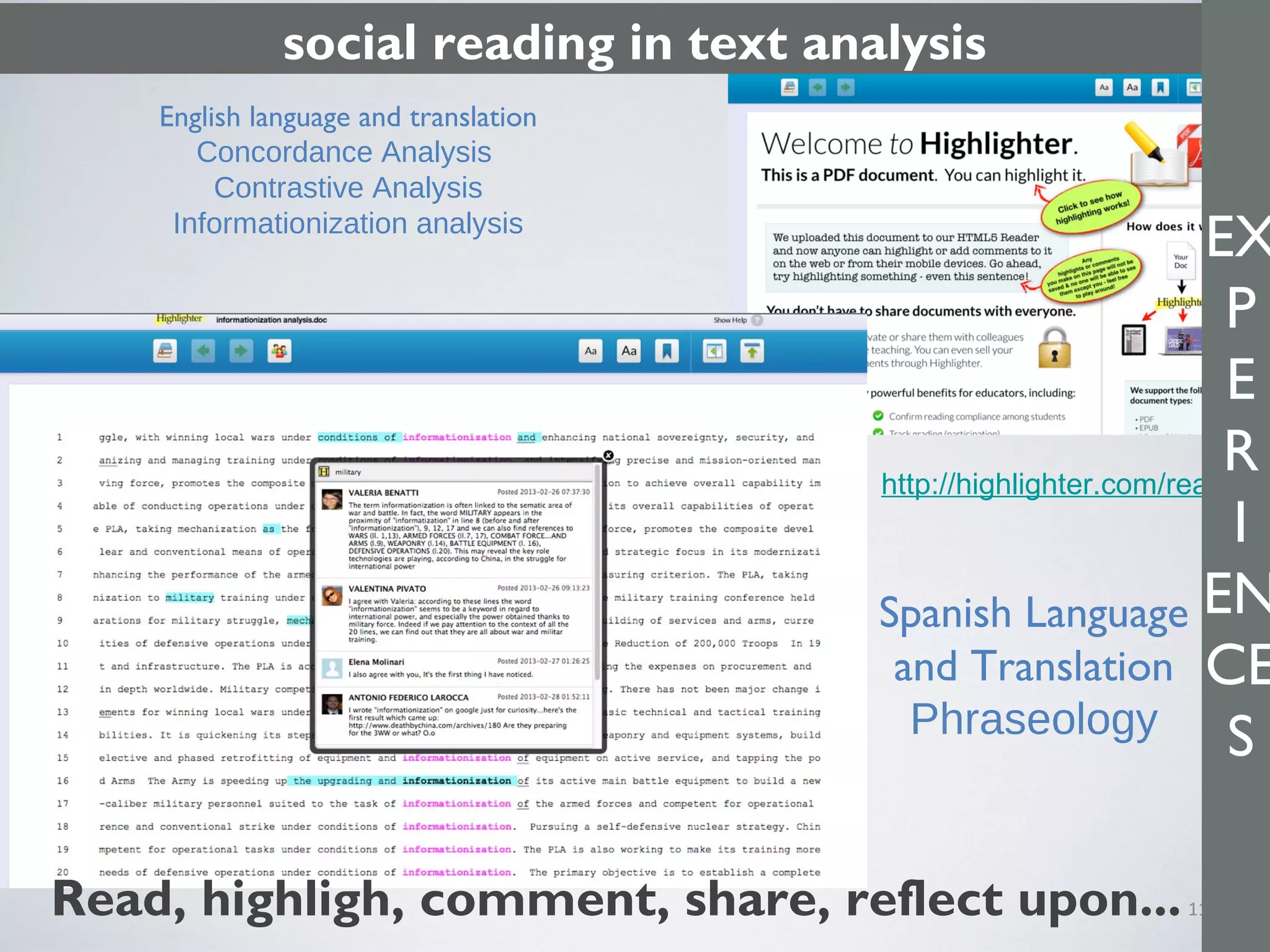 11
English language and translation
Concordance Analysis
Contrastive Analysis
Informationization analysis
http://highlighter.com/reader/s
social reading in text analysis
Read, highligh, comment, share, reflect upon...
Spanish Language
and Translation
Phraseology
EX
P
E
R
I
EN
CE
S
 