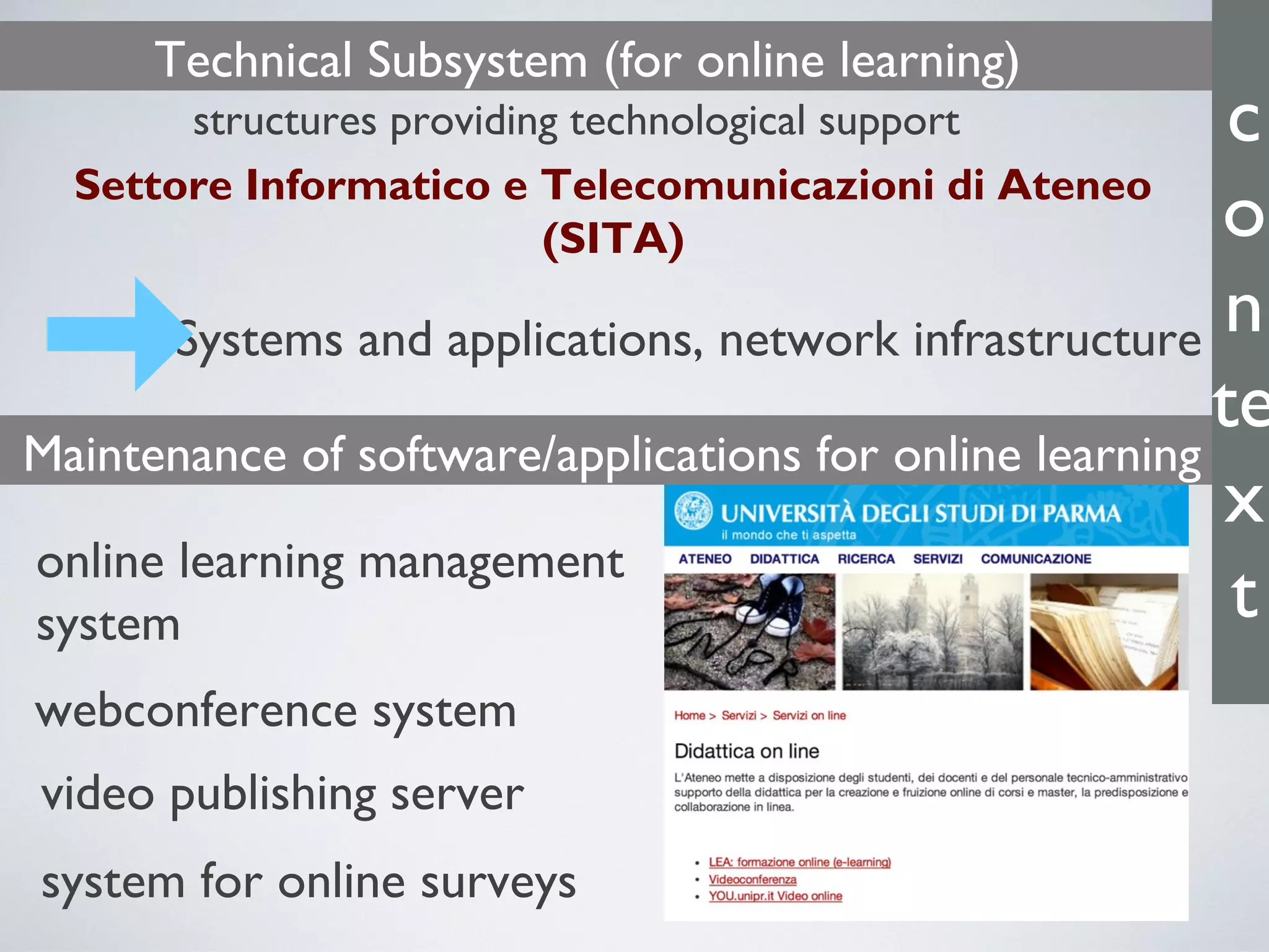 Settore Informatico e Telecomunicazioni di Ateneo
(SITA)
structures providing technological support
Technical Subsystem (for online learning)
Systems and applications, network infrastructure
online learning management
system
webconference system
video publishing server
system for online surveys
Maintenance of software/applications for online learning
c
o
n
te
x
t
 