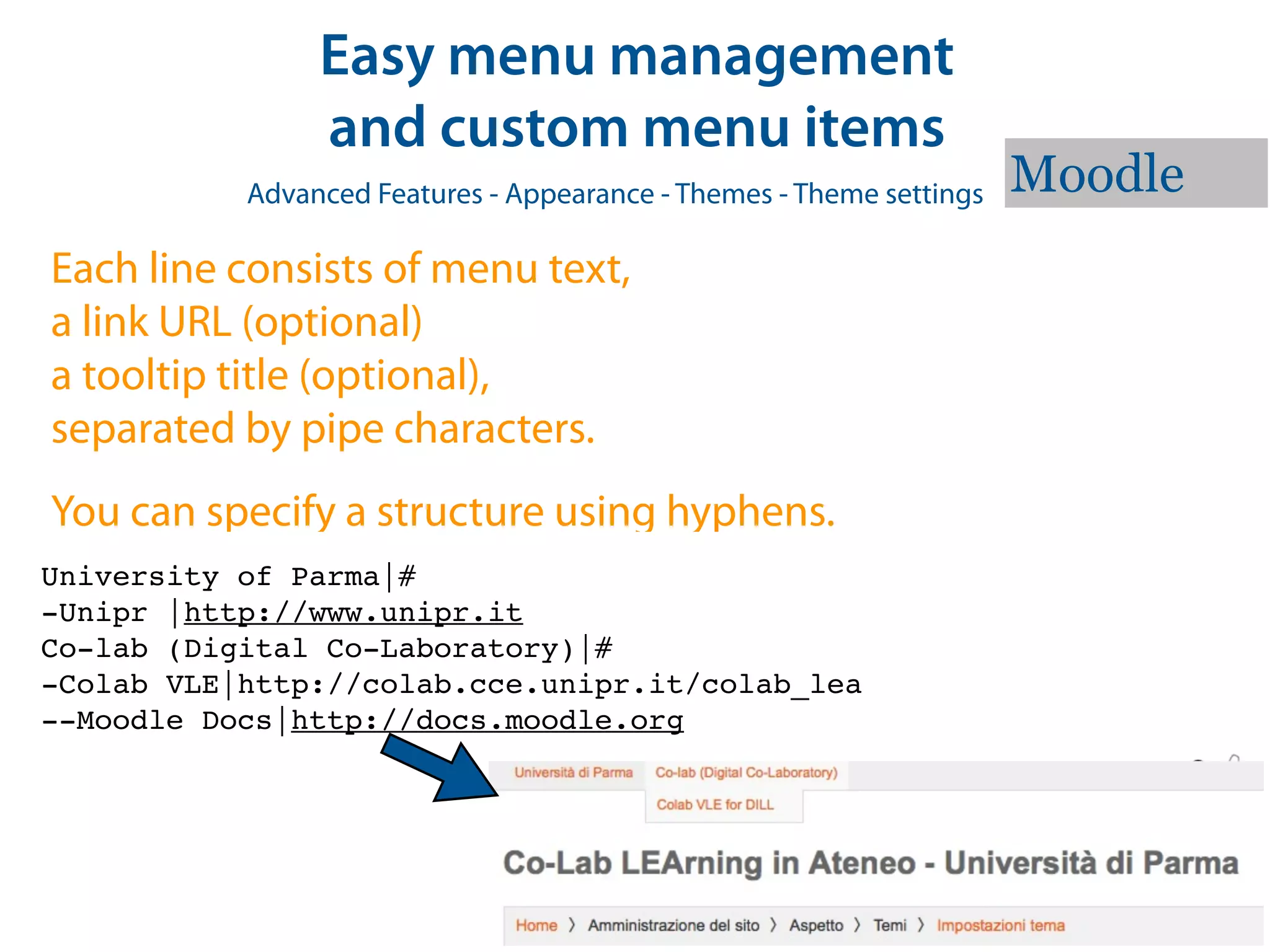 Easy menu management
                and custom menu items
           Advanced Features - Appearance - Themes - Theme settings   Moodle
Each line consists of menu text,
a link URL (optional)
a tooltip title (optional),
separated by pipe characters.
You can specify a structure using hyphens.
University of Parma|#
-Unipr |http://www.unipr.it
Co-lab (Digital Co-Laboratory)|#
-Colab VLE|http://colab.cce.unipr.it/colab_lea
--Moodle Docs|http://docs.moodle.org
 