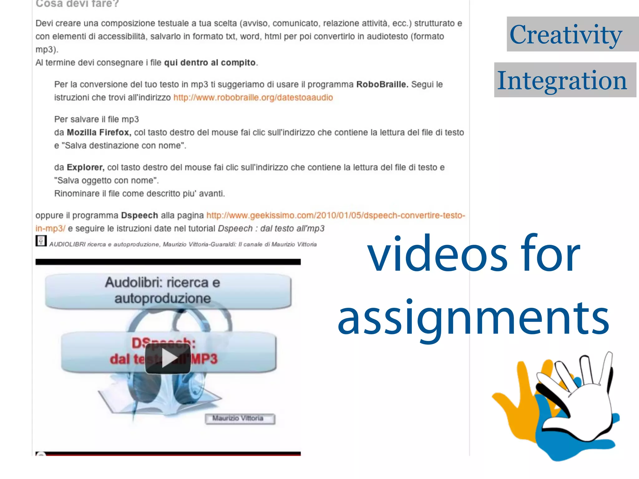 Creativity
      Integration




 videos for
assignments
 