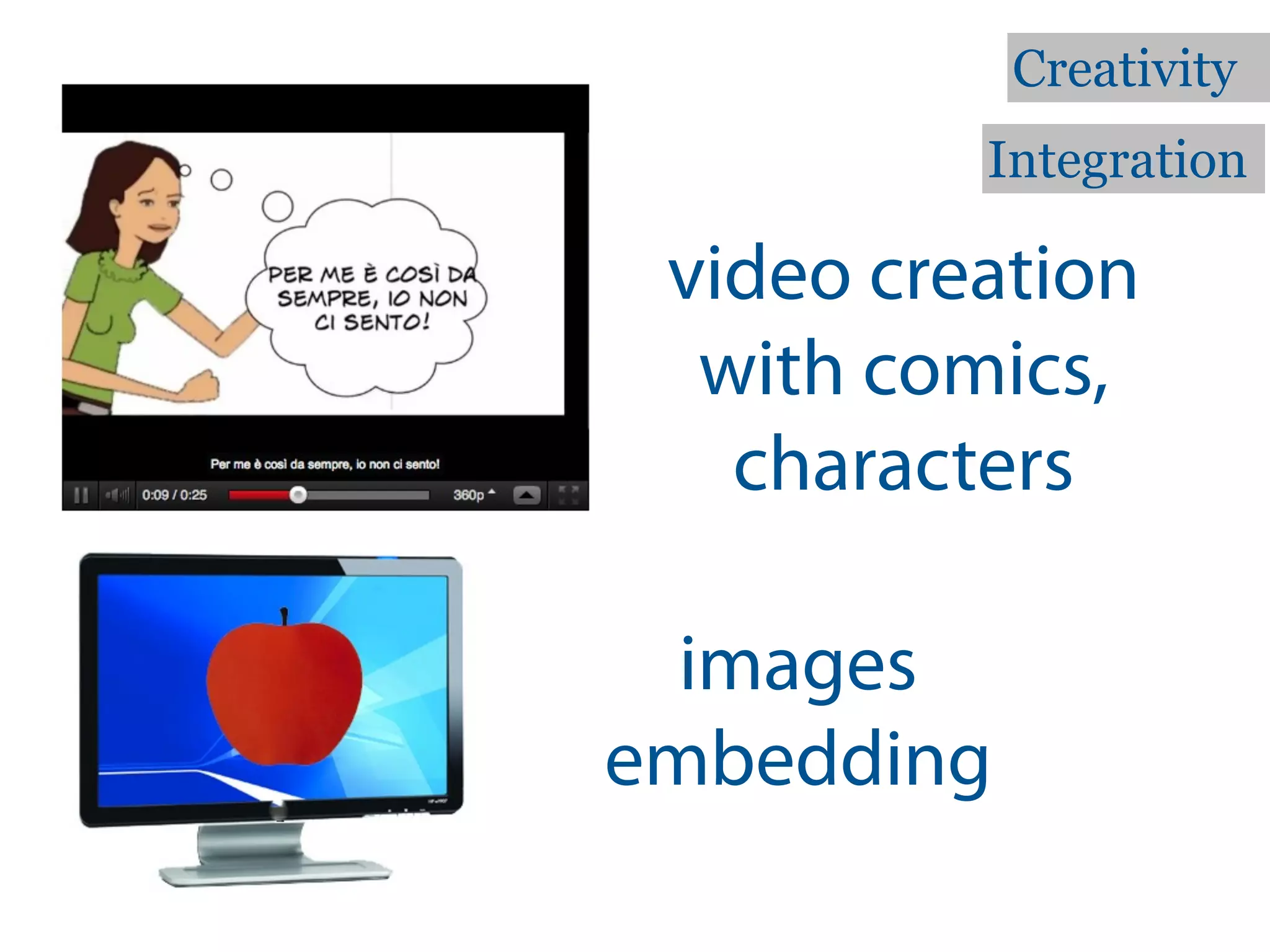 Creativity
          Integration

 video creation
  with comics,
   characters

  images
embedding
 